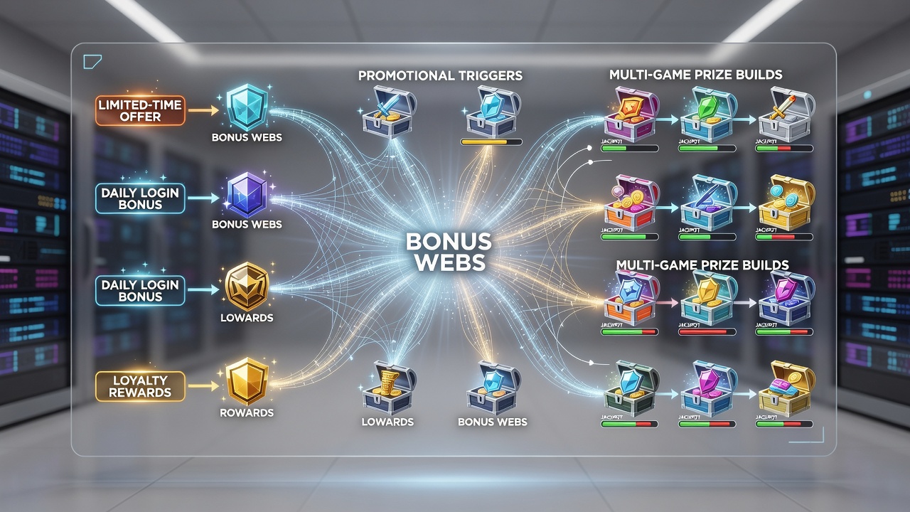 Illustration von Multi-Game-Preisaufbauten mit verbundenen Walzen- und Tischspiel-Elementen in Bonus-Ökosystemen