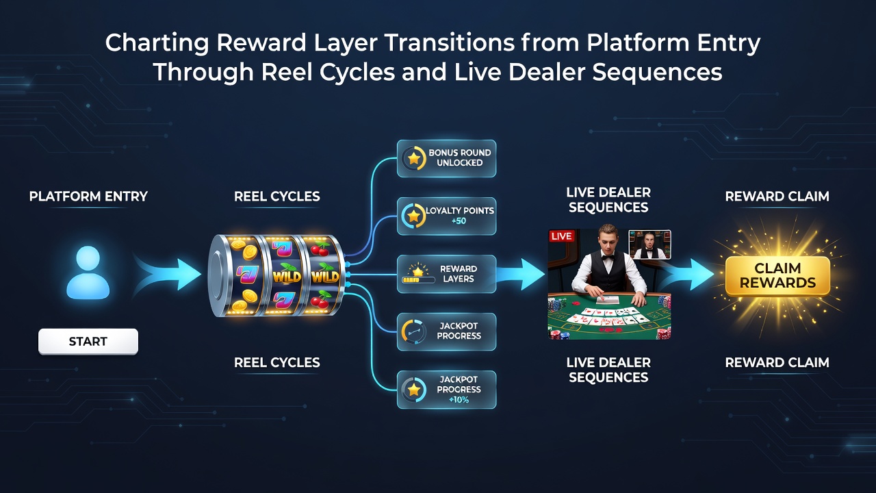 Diagramm der Belohnungsschichten von der Registrierung über Walzenzyklen bis zu Live-Dealer-Sequenzen in Online-Casinos