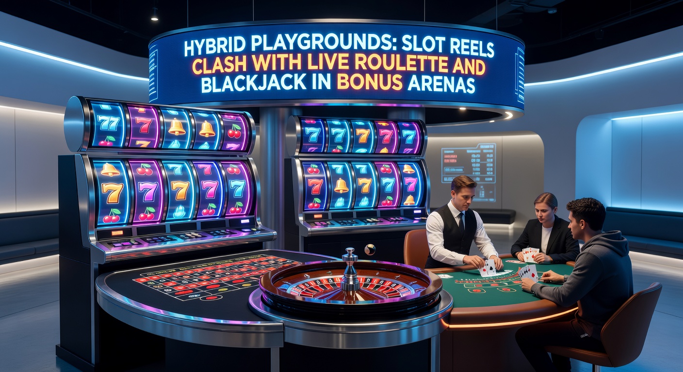 Dynamische Hybrid-Spielefläche mit rotierenden Slot-Reels, die in Live-Roulette-Tische übergehen, beleuchtet von neonfarbenen Bonus-Effekten