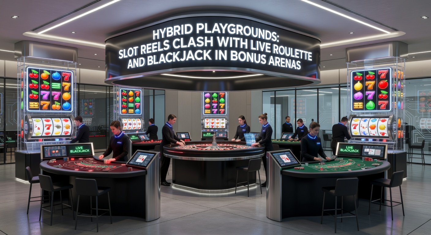 Live-Dealer am Blackjack-Tisch, umgeben von explodierenden Slot-Bonus-Effekten und rotierenden Reels in einer hybriden Arena