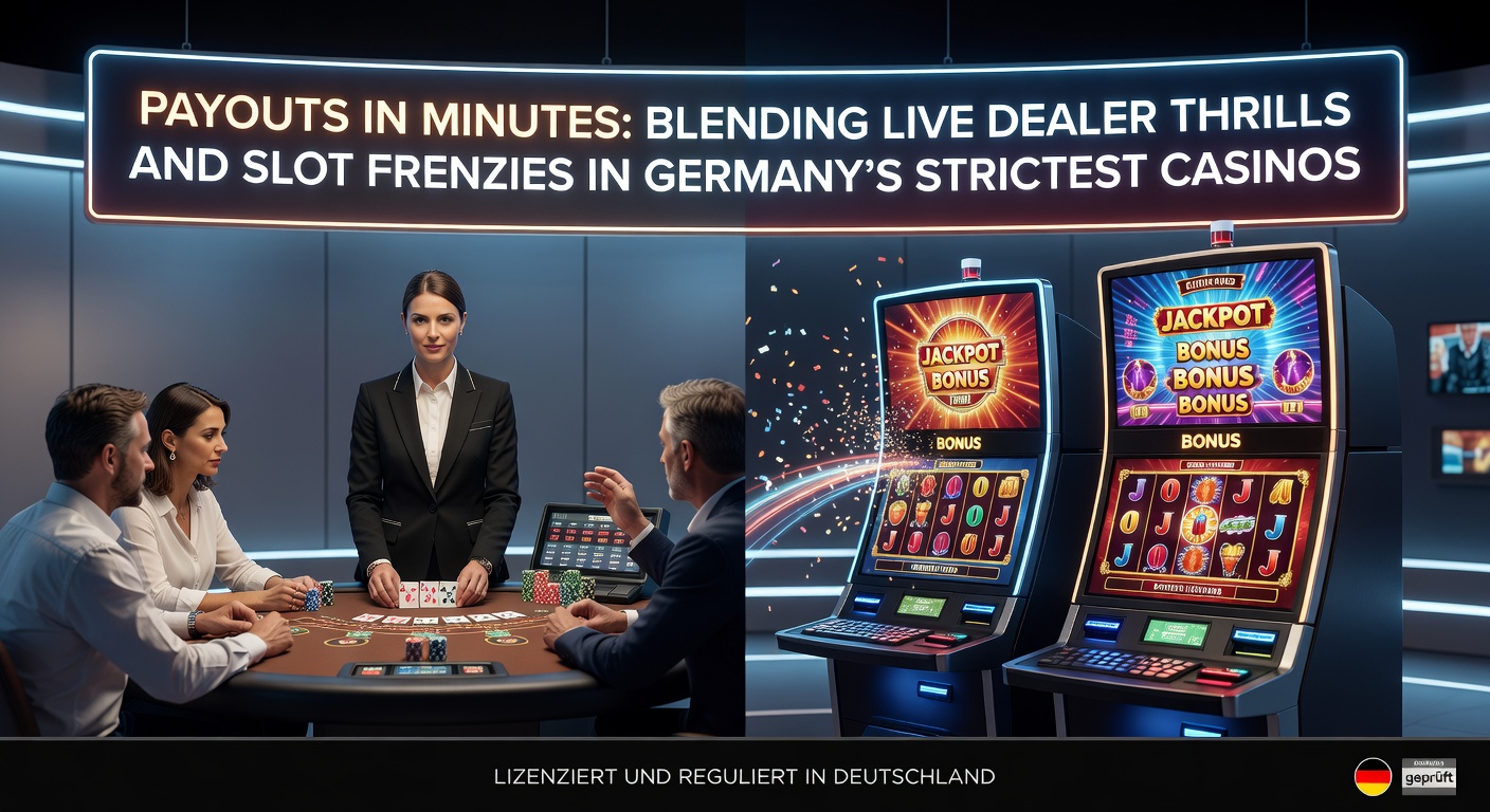 Drehende Slot-Rollen mit Live-Dealer-Elementen und Auszahlungs-Icons in einem modernen deutschen Online-Casino