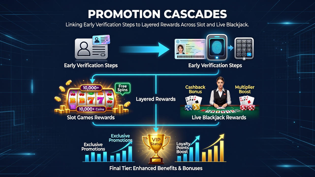 Grafik zu gestaffelten Belohnungen und Spielübergängen in Slot- und Blackjack-Formaten
