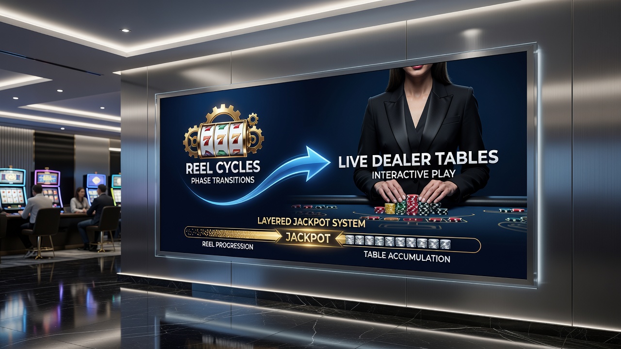 Illustration von Übergängen zwischen Slot-Walzen und Live-Dealer-Tischen in Jackpot-Pools
