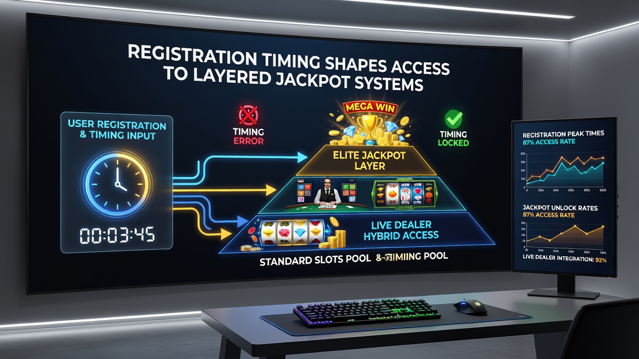 Illustration der Verbindungen zwischen Registrierungszeitpunkten und gestaffelten Jackpot-Mechanismen in Slot-Live-Hybriden