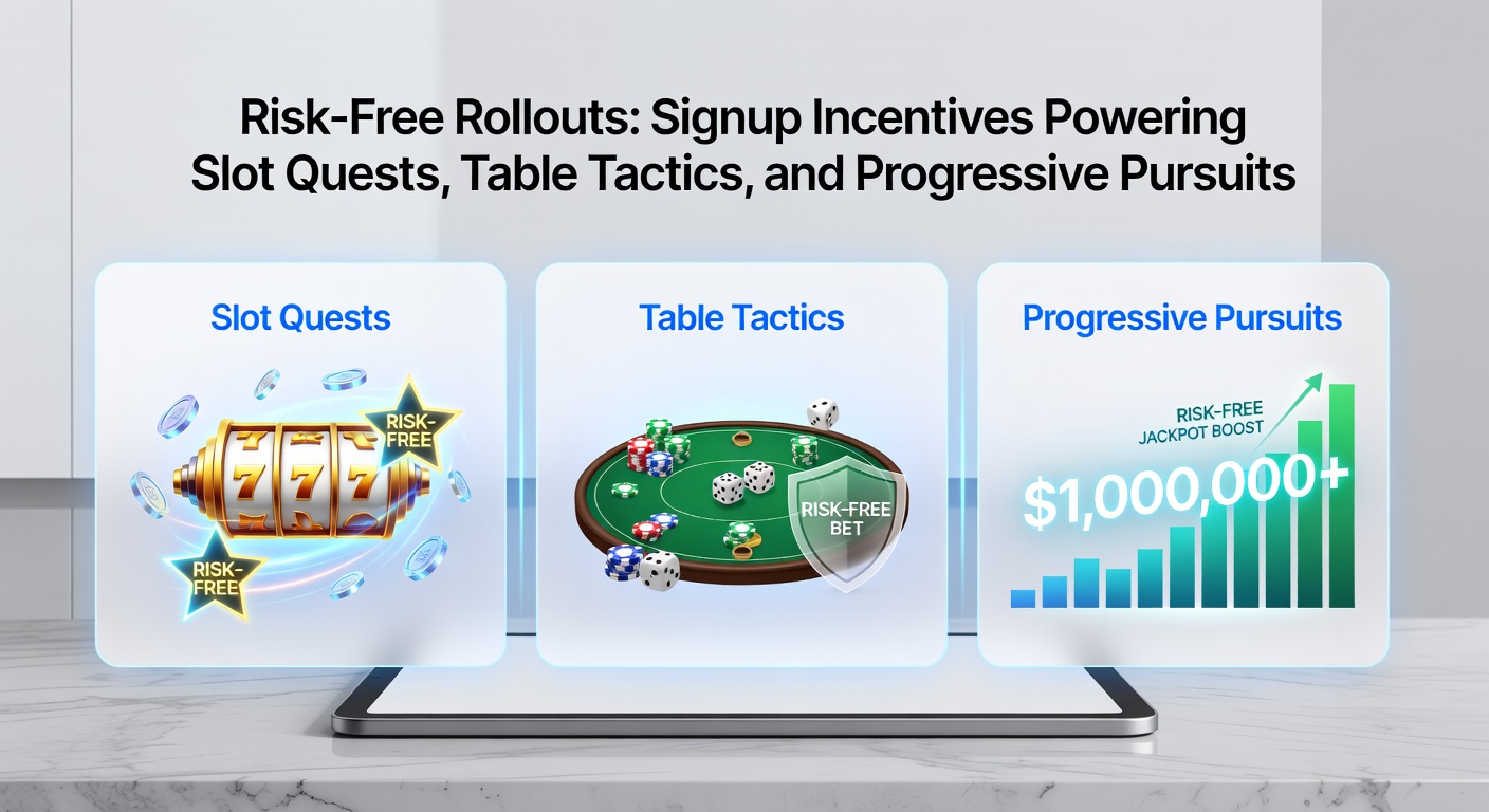 Grafik zeigt den Übergang von risikofreien Boni zu Tischstrategien und progressiven Jackpots mit steigenden Balken und Münzen