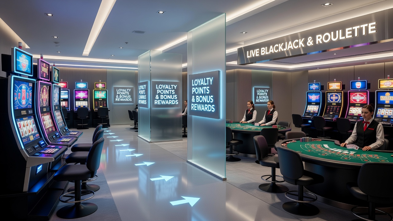 Illustration von Übergängen zwischen Slot-Spielen und Live-Blackjack sowie Roulette mit Fokus auf progressive Jackpots