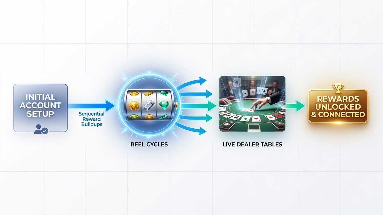 Illustration von Übergängen zwischen Slot-Walzen und Live-Dealer-Tischen in Belohnungssystemen