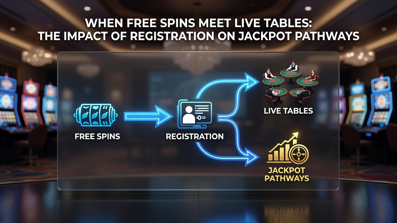Illustration hybrider Casino-Spiele mit Freispielen, Live-Tischen und Jackpot-Verbindungen nach der Registrierung