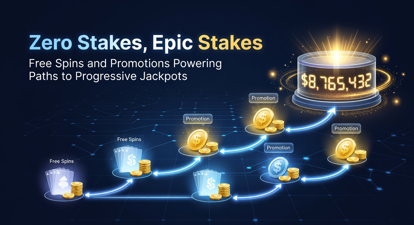 Dynamische Grafik mit Free-Spins-Icons, steigenden Jackpot-Balken und Promotion-Bannern, die den Übergang von Null- zu High-Stakes darstellen